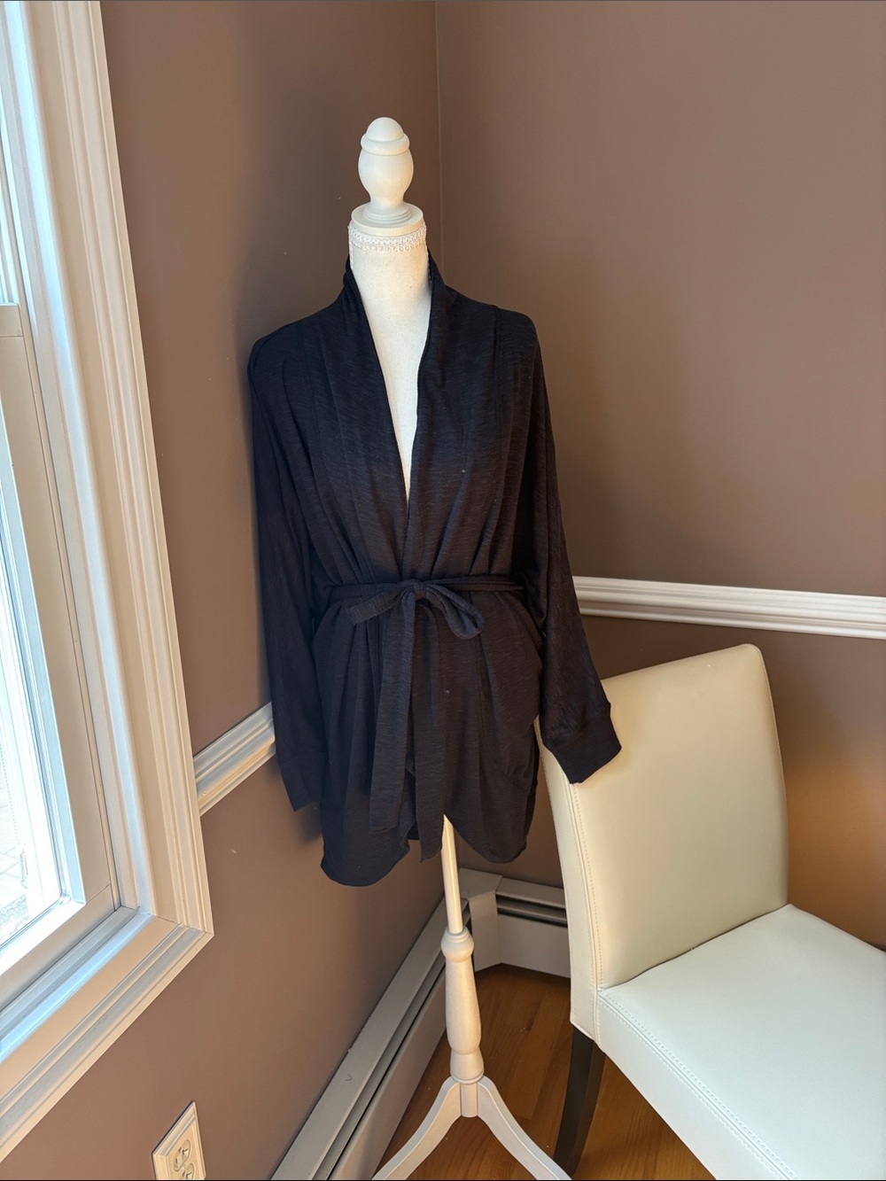 Blue Tie-Waist Open Front Cardigan Sweater